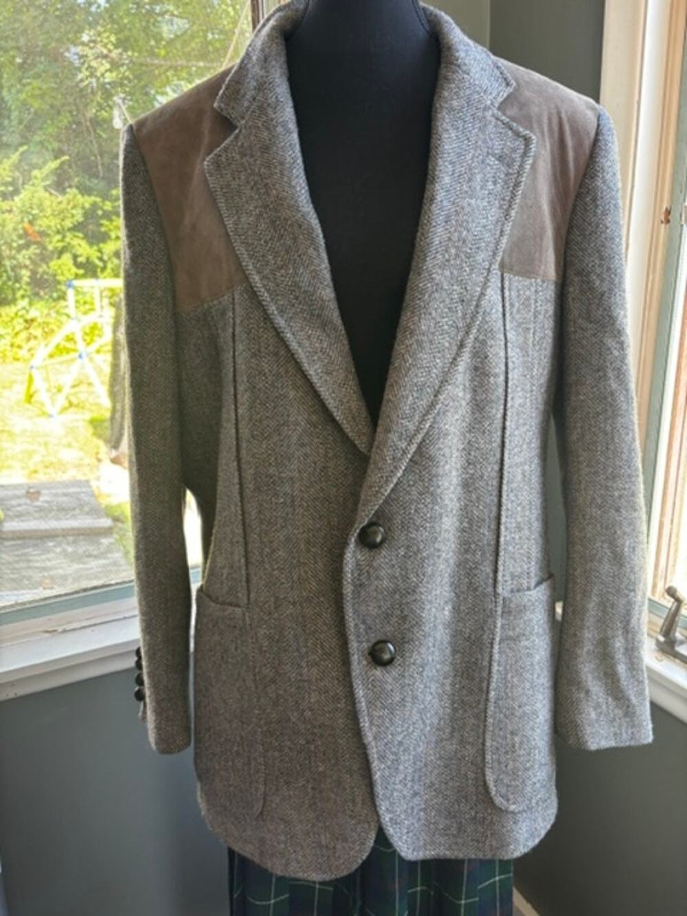 Vintage Tweed Shooting Jacket Suede Elbow & Shoulder Patches Men's 44 USA